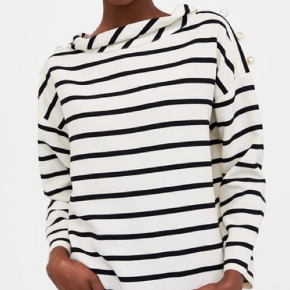 Zara Striped Boatneck long sleeve top with Pearl Detail